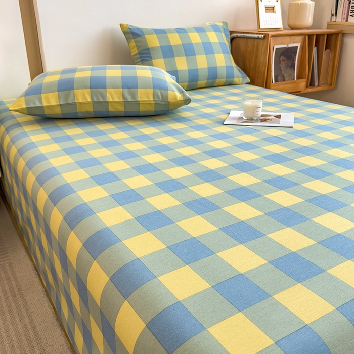 91家纺网 家纺一手货源 找家纺 芃成家纺 2024新款原棉加厚生态磨毛单床单 蓝黄中格