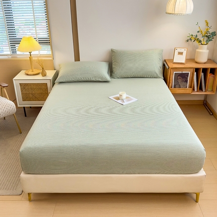 芃成家纺 2024新款原棉加厚生态磨毛单床笠 条纹-绿