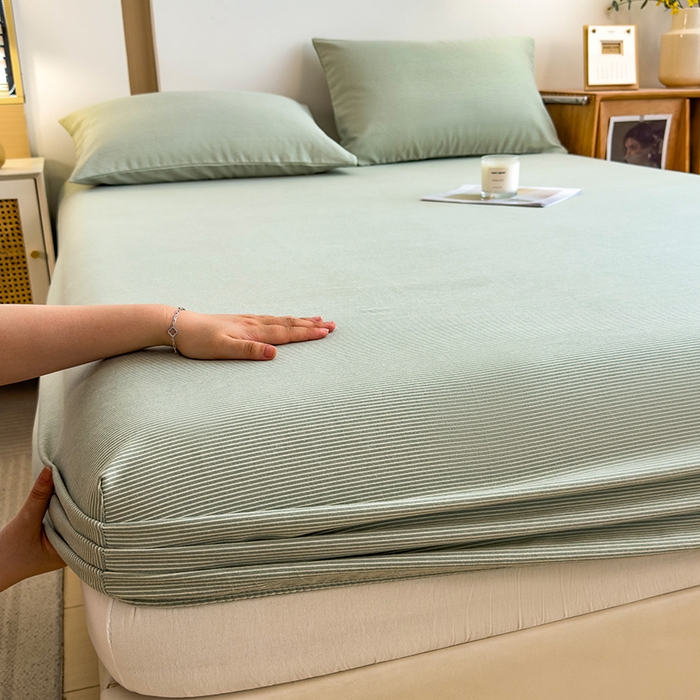 91家纺网 家纺一手货源 找家纺 芃成家纺 2024新款原棉加厚生态磨毛单床笠 条纹-绿