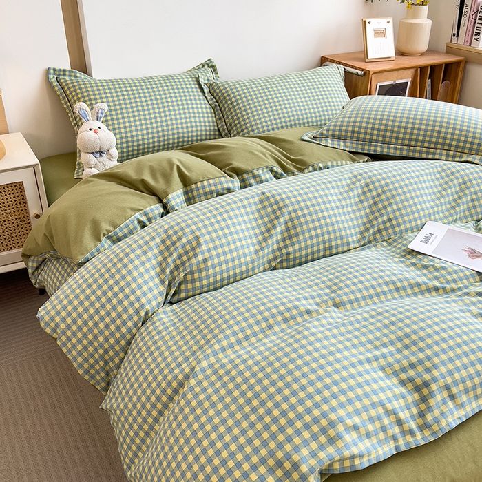 91家纺网 家纺一手货源 找家纺 芃成家纺 2024新款原棉加厚生态磨毛单被套 蓝黄小格