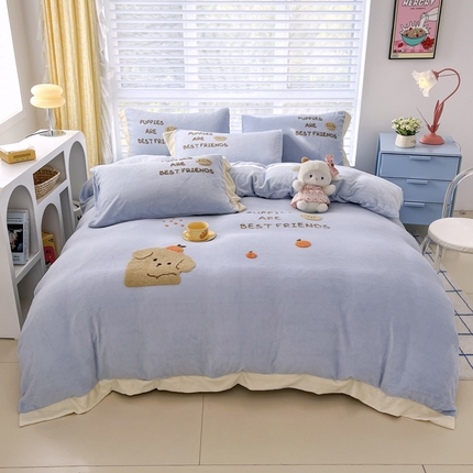 眷恋家纺 2024新款牛奶绒毛巾绣宽边四件套-调皮狗系列 调皮狗-天蓝