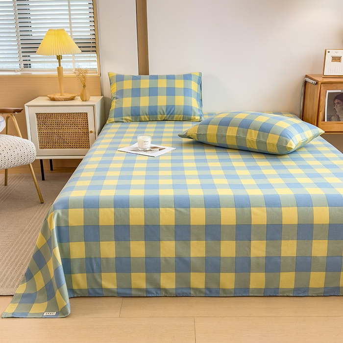 91家纺网 家纺一手货源 找家纺 芃成家纺 2024新款原棉加厚生态磨毛单床单 蓝黄中格