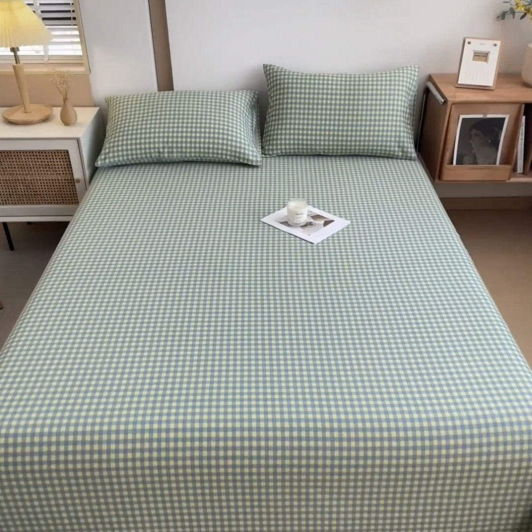 91家纺网 家纺一手货源 找家纺 芃成家纺 2024新款原棉加厚生态磨毛单床单 蓝黄小格