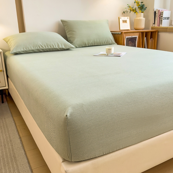 91家纺网 家纺一手货源 找家纺 芃成家纺 2024新款原棉加厚生态磨毛单床笠 条纹-绿