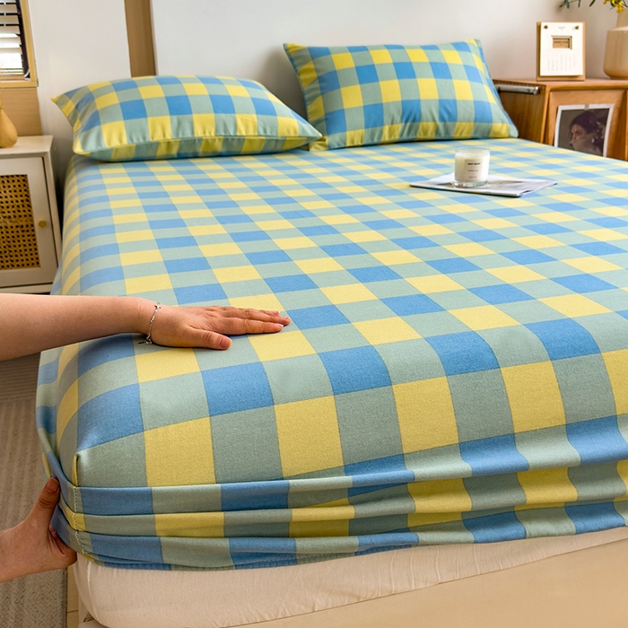 91家纺网 家纺一手货源 找家纺 芃成家纺 2024新款原棉加厚生态磨毛单床笠 蓝黄中格