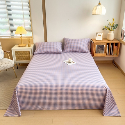 芃成家纺 2024新款原棉加厚生态磨毛单床单 幸运小格-紫粉