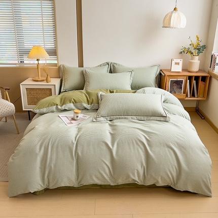 91家纺网 家纺一手货源 找家纺 芃成家纺 2024新款原棉加厚生态磨毛四件套 条纹-绿