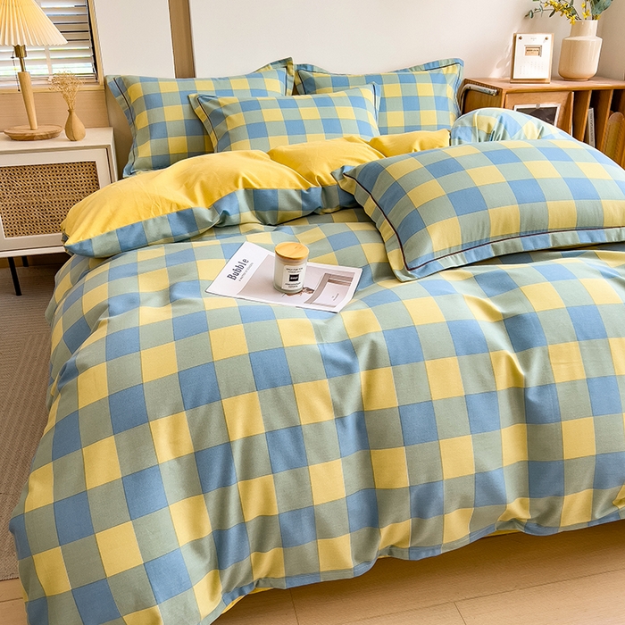 91家纺网 家纺一手货源 找家纺 芃成家纺 2024新款原棉加厚生态磨毛四件套 蓝黄中格