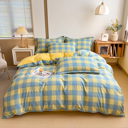 芃成家纺 2024新款原棉加厚生态磨毛四件套 蓝黄中格