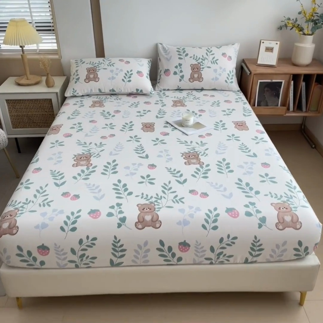 91家纺网 家纺一手货源 找家纺 芃成家纺 2024新款原棉加厚生态磨毛单床笠 树叶熊宝