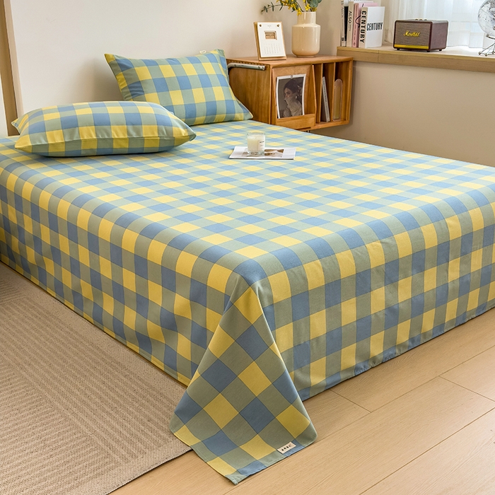 91家纺网 家纺一手货源 找家纺 芃成家纺 2024新款原棉加厚生态磨毛单床单 蓝黄中格