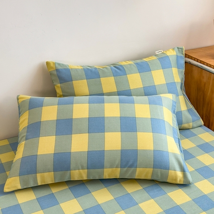 芃成家纺 2024新款原棉加厚生态磨毛单枕套 蓝黄中格