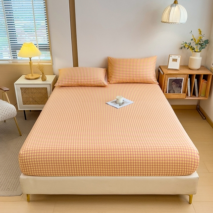 芃成家纺 2024新款原棉加厚生态磨毛单床笠 幸运小格-粉黄
