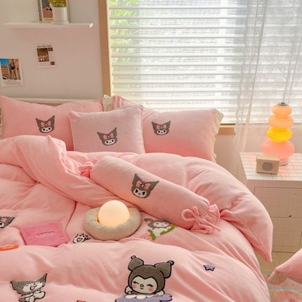丝印良品 2024秋冬卡通毛巾绣牛奶绒四件套 甜心-粉