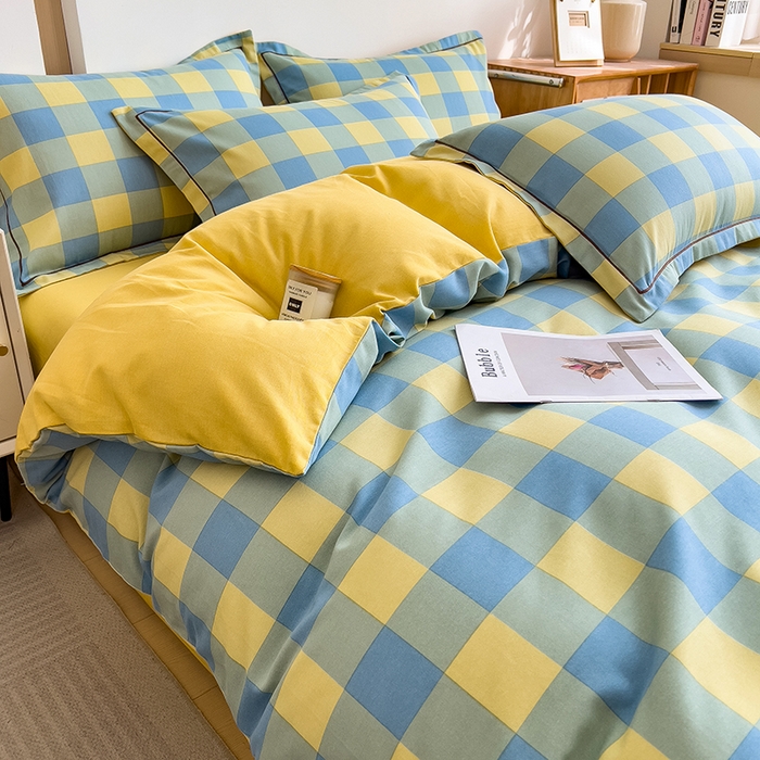 91家纺网 家纺一手货源 找家纺 芃成家纺 2024新款原棉加厚生态磨毛四件套 蓝黄中格