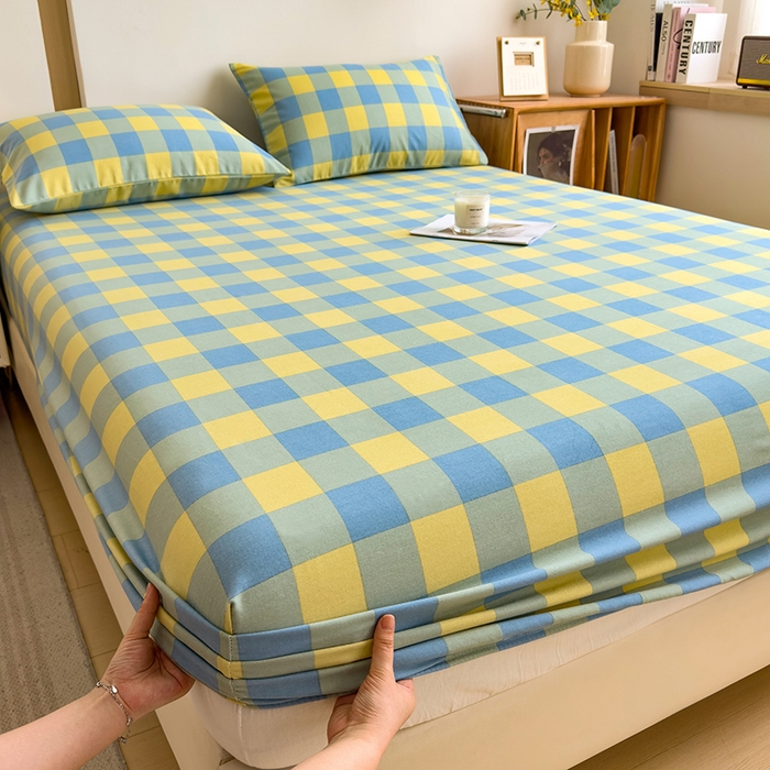 91家纺网 家纺一手货源 找家纺 芃成家纺 2024新款原棉加厚生态磨毛单床笠 蓝黄中格