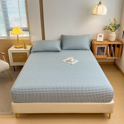 芃成家纺 2024新款原棉加厚生态磨毛单床笠 幸运小格-蓝