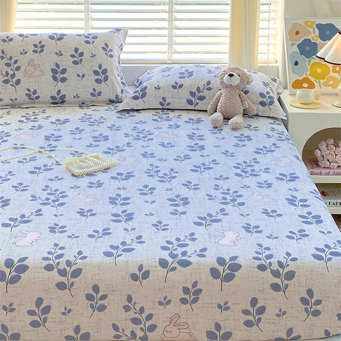 91家纺网 家纺一手货源 找家纺 凯磊 2024新款AB版.生态磨毛印花系列单床笠 蓝枝小兔