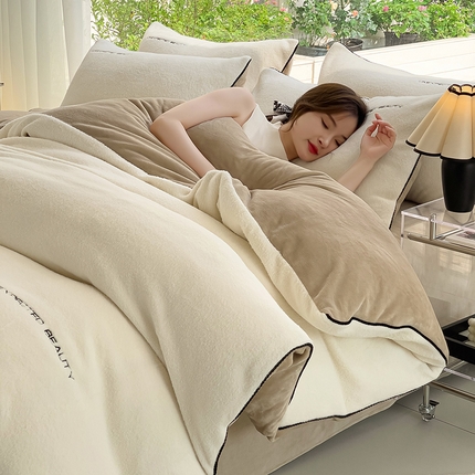 米奈 2024新款A类加厚甄羊绒四件套 甄羊绒白拼咖