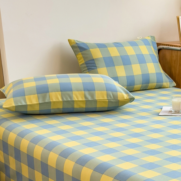 91家纺网 家纺一手货源 找家纺 芃成家纺 2024新款原棉加厚生态磨毛单枕套 蓝黄中格