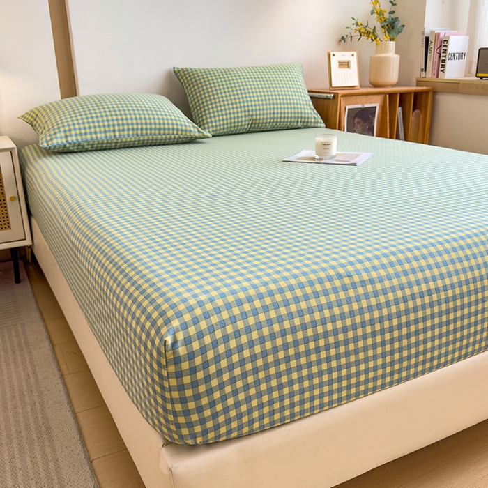 91家纺网 家纺一手货源 找家纺 芃成家纺 2024新款原棉加厚生态磨毛单床笠 蓝黄小格