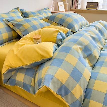 芃成家纺 2024新款原棉加厚生态磨毛单被套 蓝黄中格