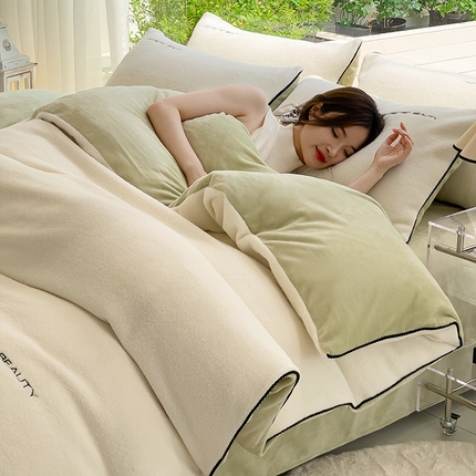 米奈 2024新款A类加厚甄羊绒四件套 甄羊绒白拼绿