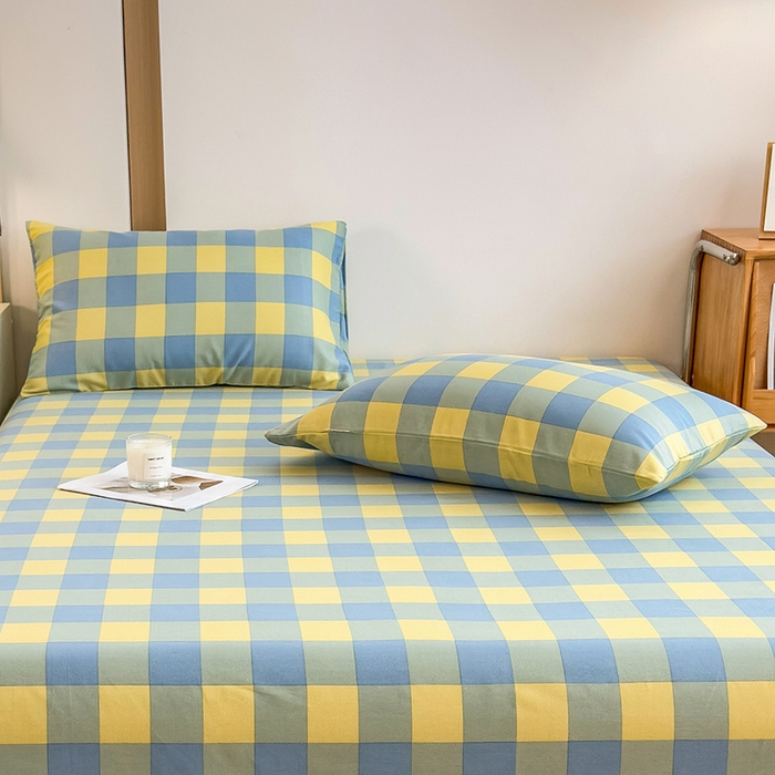 91家纺网 家纺一手货源 找家纺 芃成家纺 2024新款原棉加厚生态磨毛单枕套 蓝黄中格