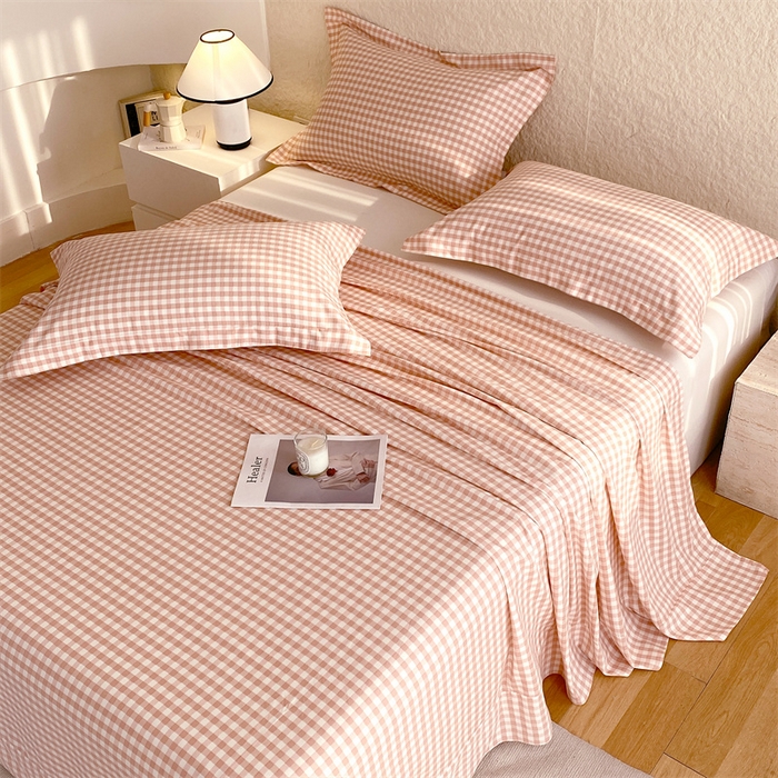 91家纺网 家纺一手货源 找家纺 凯磊 2024新款AB版.生态磨毛印花系列单床单 粉玉小格