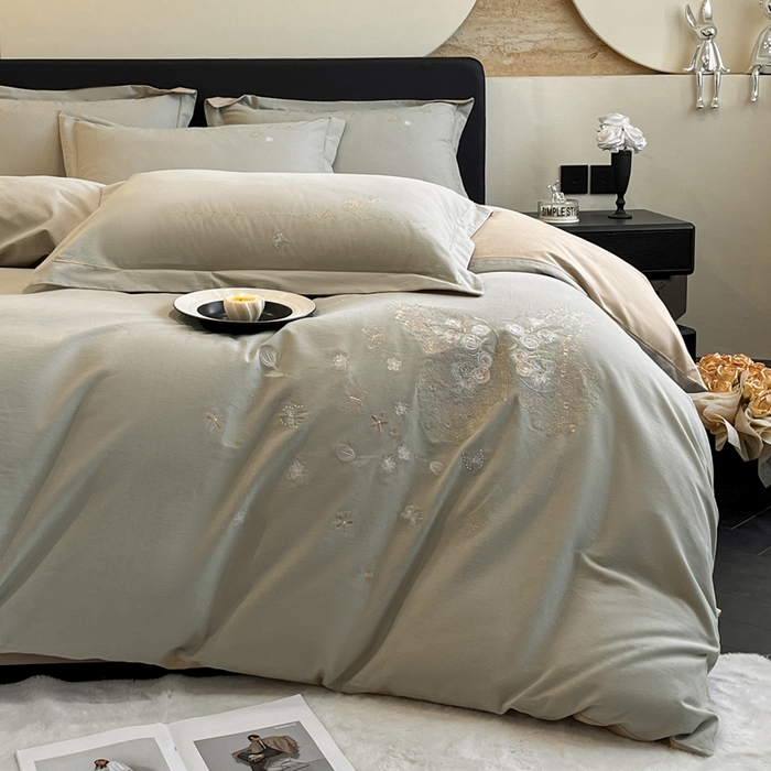 91家纺网 家纺一手货源 找家纺 涵宸家纺 2024新款全棉磨毛刺绣四件套--花蝴蝶系列 花蝴蝶-灰