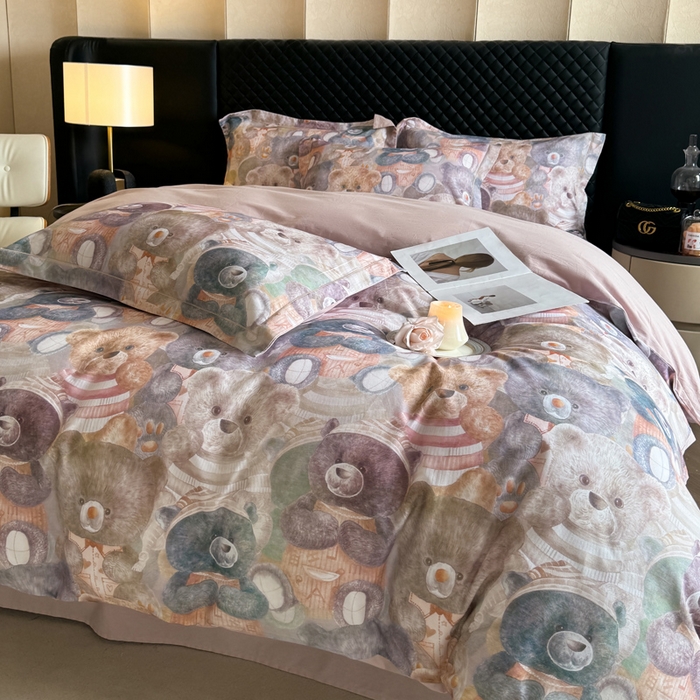 91家纺网 家纺一手货源 找家纺 涵宸家纺 2024新款全棉磨毛数码印花四件套 梦幻熊熊-桔