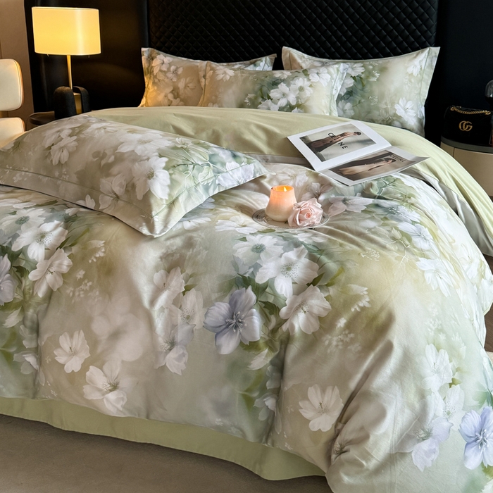 91家纺网 家纺一手货源 找家纺 涵宸家纺 2024新款全棉磨毛数码印花四件套 森屿-绿