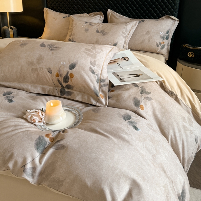 91家纺网 家纺一手货源 找家纺 涵宸家纺 2024新款全棉磨毛数码印花四件套 花宴景-咖