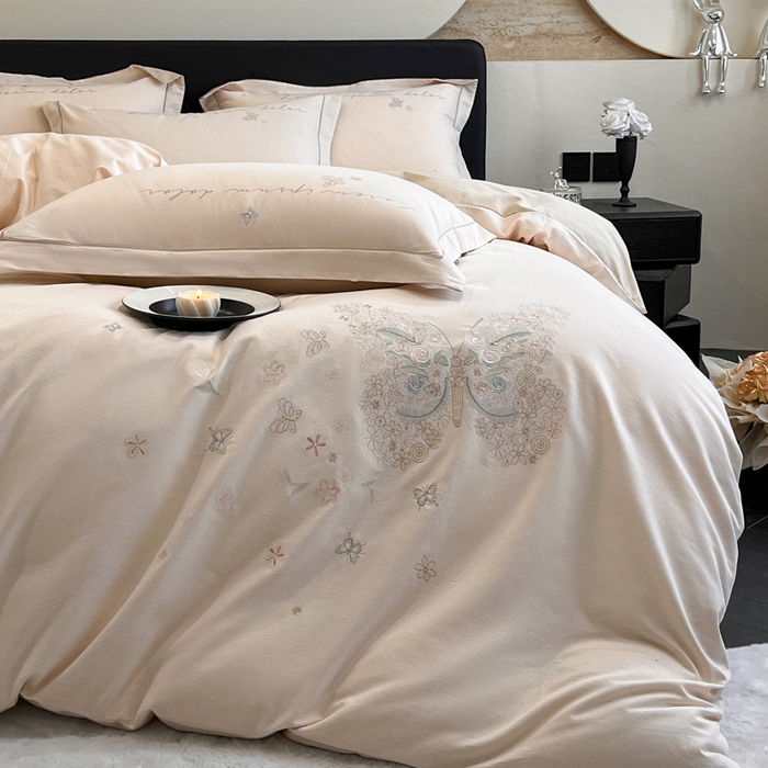 91家纺网 家纺一手货源 找家纺 涵宸家纺 2024新款全棉磨毛刺绣四件套--花蝴蝶系列 花蝴蝶-浅粉