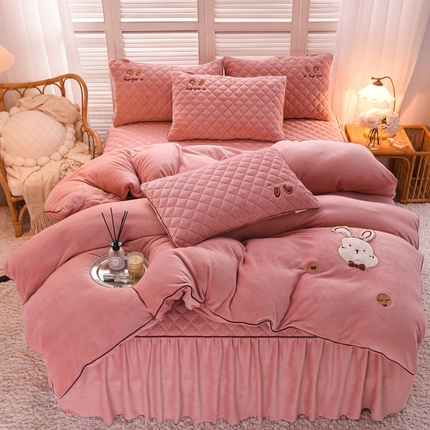好眠好梦家纺 2024新款叮当兔牛奶绒绣花床裙款四件套 豆沙