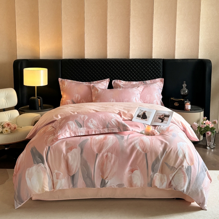 91家纺网 家纺一手货源 找家纺 涵宸家纺 2024新款全棉磨毛数码印花四件套 郁金香-粉