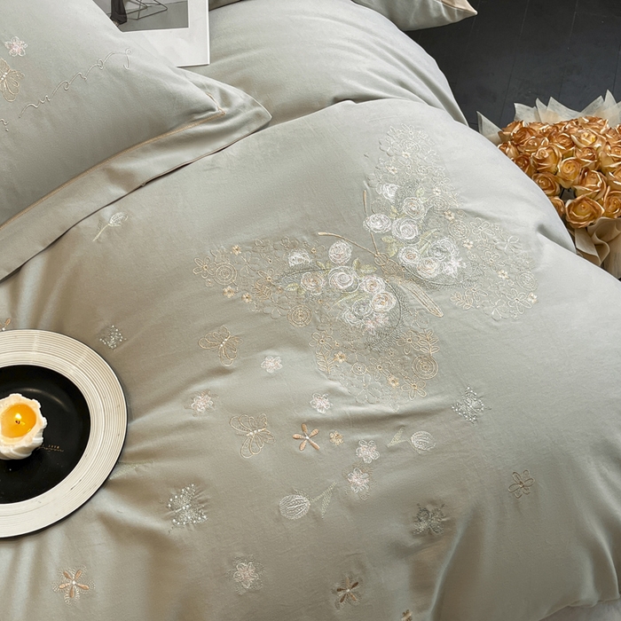 91家纺网 家纺一手货源 找家纺 涵宸家纺 2024新款全棉磨毛刺绣四件套--花蝴蝶系列 花蝴蝶-灰