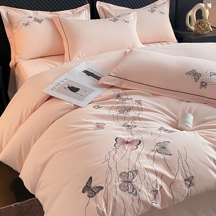 91家纺网 家纺一手货源 找家纺 涵宸家纺 2024新款全棉磨毛刺绣四件套--蝶影系列 蝶影-粉