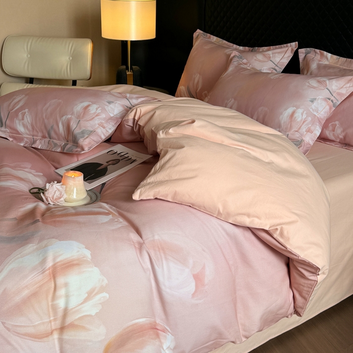 91家纺网 家纺一手货源 找家纺 涵宸家纺 2024新款全棉磨毛数码印花四件套 郁金香-粉