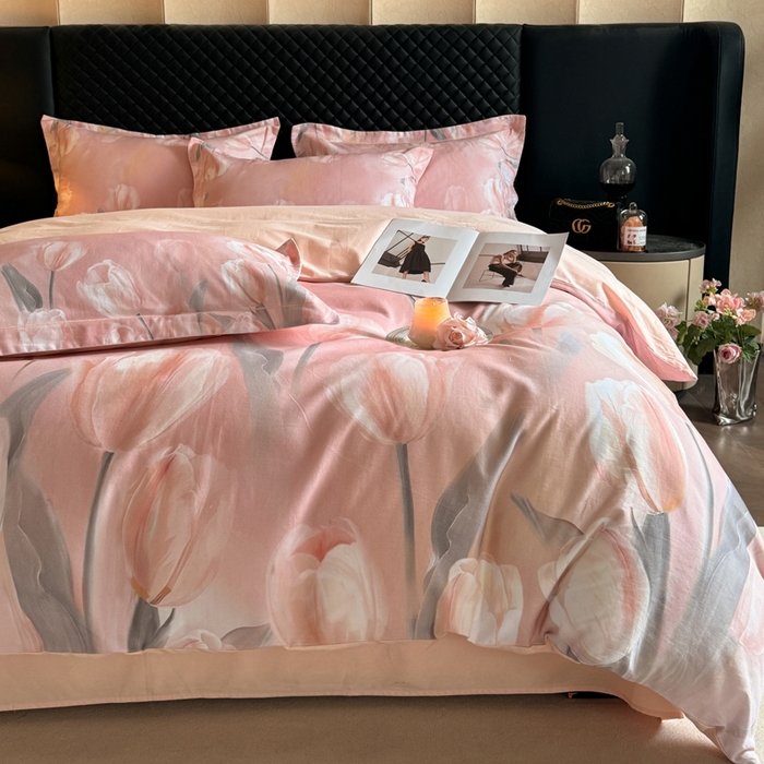 91家纺网 家纺一手货源 找家纺 涵宸家纺 2024新款全棉磨毛数码印花四件套 郁金香-粉