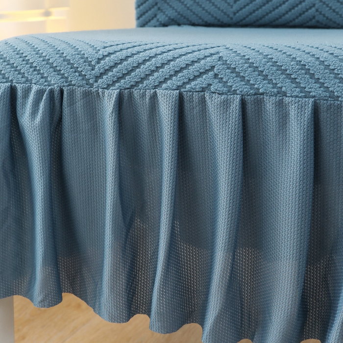 91家纺网 家纺一手货源 找家纺 千彤沙发垫 2024新款拉华绒人字纹系列裙边椅子套 裙边-人字纹-水蓝