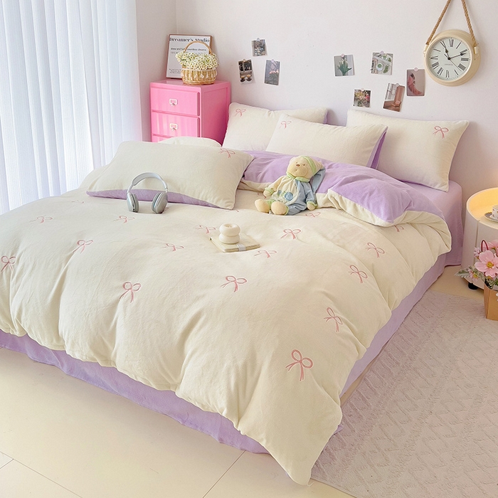 91家纺网 家纺一手货源 找家纺 海岛哥哥 2024新款小清新刺绣牛奶绒四件套 牛奶绒蝴蝶结-香芋紫