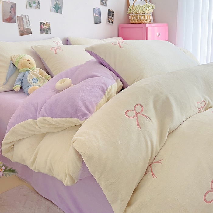 91家纺网 家纺一手货源 找家纺 海岛哥哥 2024新款小清新刺绣牛奶绒四件套 牛奶绒蝴蝶结-香芋紫