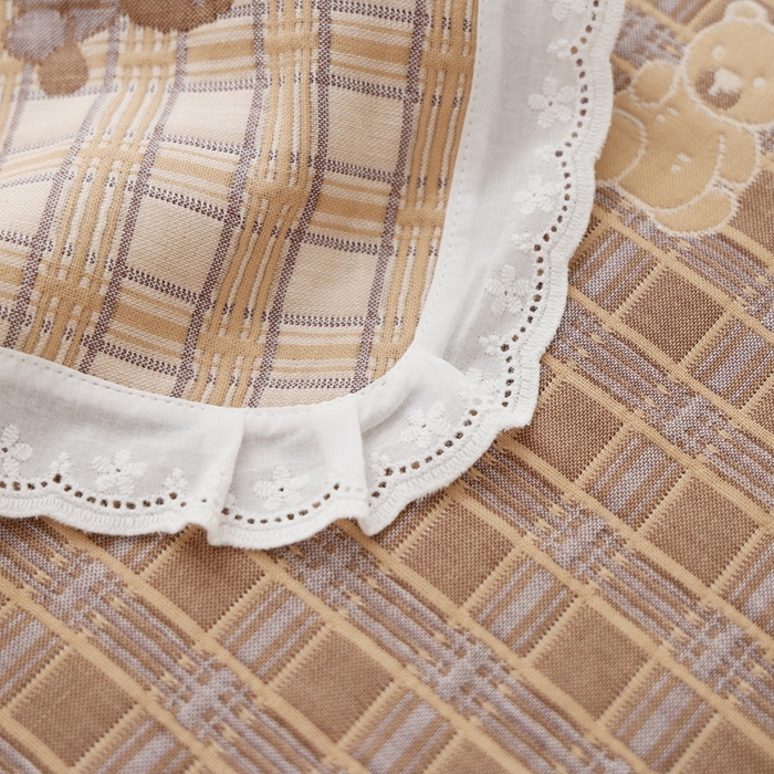 91家纺网 家纺一手货源 找家纺 朴尔家纺-毛巾被 2024新款韩版小碎花边全棉四层纱布枕巾 动物格-咖