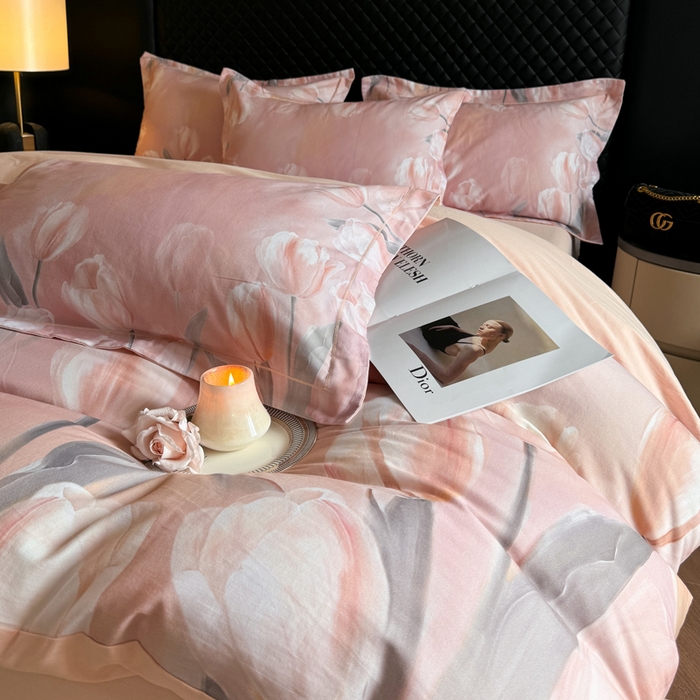 91家纺网 家纺一手货源 找家纺 涵宸家纺 2024新款全棉磨毛数码印花四件套 郁金香-粉