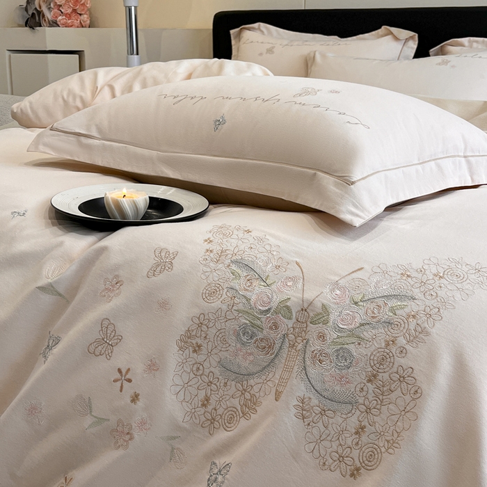 91家纺网 家纺一手货源 找家纺 涵宸家纺 2024新款全棉磨毛刺绣四件套--花蝴蝶系列 花蝴蝶-浅粉