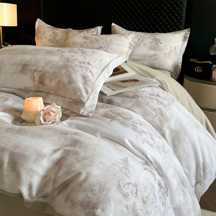 91家纺网 家纺一手货源 找家纺 涵宸家纺 2024新款全棉磨毛数码印花四件套 雨若轻烟-绿