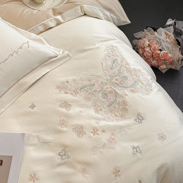 91家纺网 家纺一手货源 找家纺 涵宸家纺 2024新款全棉磨毛刺绣四件套--花蝴蝶系列 花蝴蝶-奶白