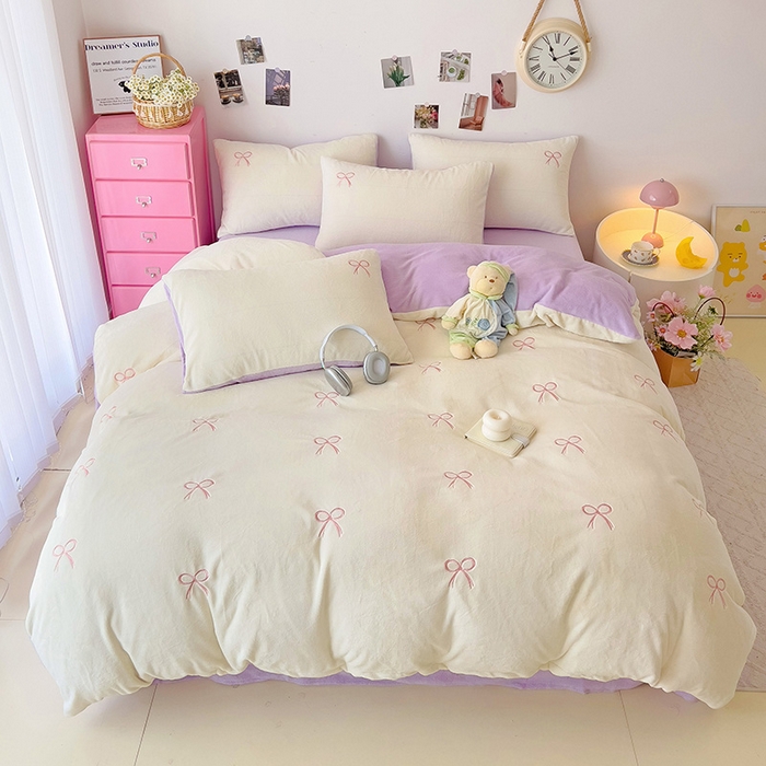 91家纺网 家纺一手货源 找家纺 海岛哥哥 2024新款小清新刺绣牛奶绒四件套 牛奶绒蝴蝶结-香芋紫