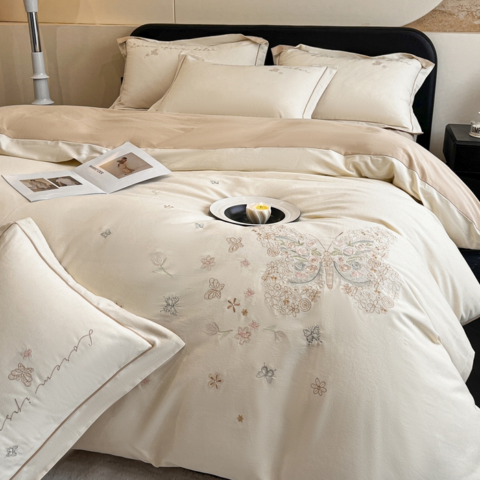 91家纺网 家纺一手货源 找家纺 涵宸家纺 2024新款全棉磨毛刺绣四件套--花蝴蝶系列 花蝴蝶-奶白